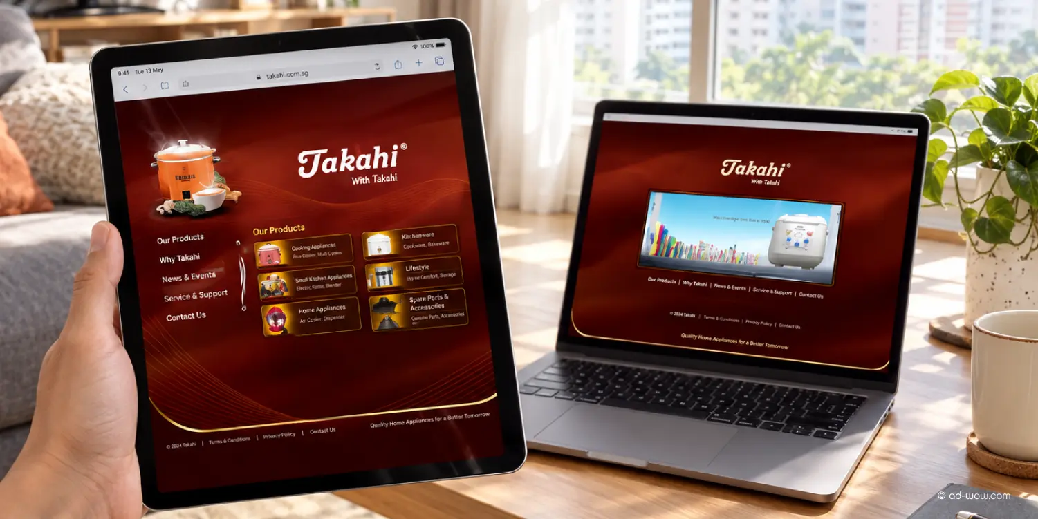 Takahi interactive microsite designed by ADWOW, shown on tablet and laptop